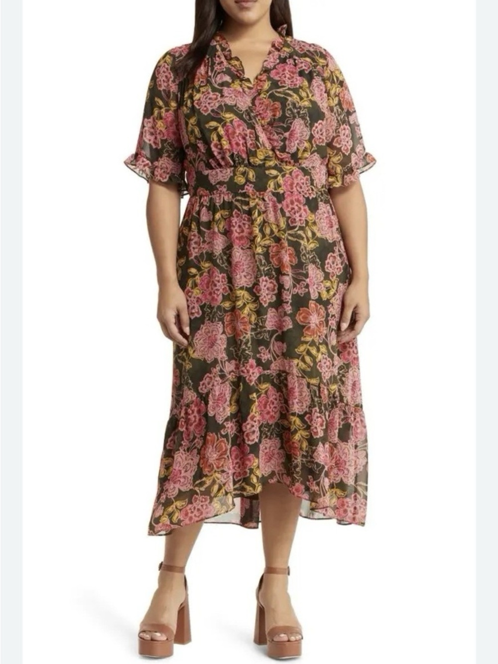 Maggy London Olive Floral Midi Dress with Pink & Yellow Flowers